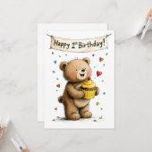 Cute Whimsical Teddy Bear Happy 1st Birthday Flat Karte (Vorderseite/Rückseite Beispiel)