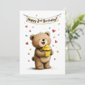 Cute Whimsical Teddy Bear Happy 2nd Birthday Flat Karte (Stehend Vorderseite)