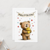 Cute Whimsical Teddy Bear Happy 2nd Birthday Flat Karte (Vorderseite/Rückseite Beispiel)
