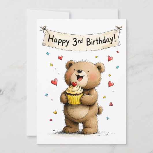 Cute Whimsical Teddy Bear Happy 3rd Birthday Flat Karte (Vorderseite)
