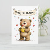 Cute Whimsical Teddy Bear Happy 3rd Birthday Flat Karte (Stehend Vorderseite)