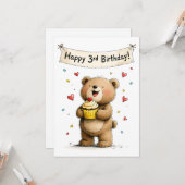 Cute Whimsical Teddy Bear Happy 3rd Birthday Flat Karte (Vorderseite/Rückseite Beispiel)
