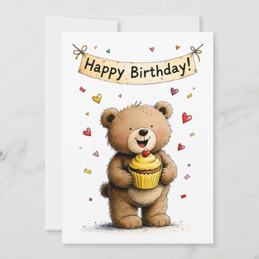 Cute Whimsical Teddy Bear Happy Birthday Flat Karte (Vorderseite)