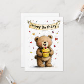 Cute Whimsical Teddy Bear Happy Birthday Flat Karte (Vorderseite/Rückseite Beispiel)