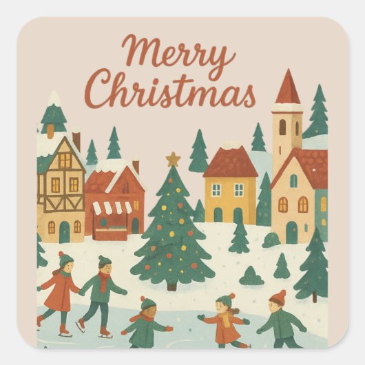 Cute Whimsical Winter Town Merry Christmas Card Quadratischer Aufkleber (Vorderseite)