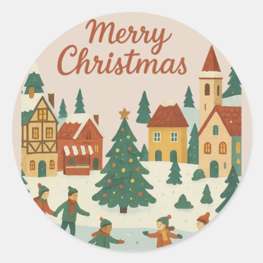 Cute Whimsical Winter Town Merry Christmas Card Runder Aufkleber (Vorderseite)