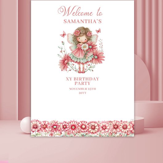 Cute Whimsy Fairy Floral Pink 2 Birthday Backdrop Wandteppich