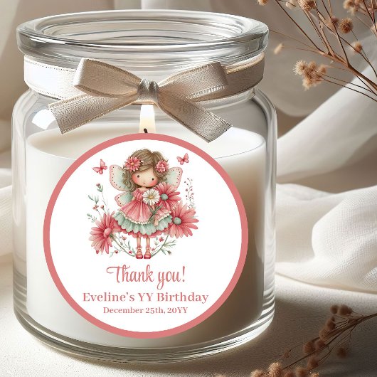 Cute Whimsy Fairy Pink Flowers Girl Birthday Stick Runder Aufkleber