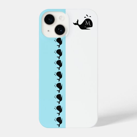Cute White and Blue Custom Initial Black Whale iPhone Hülle (Rückseite)