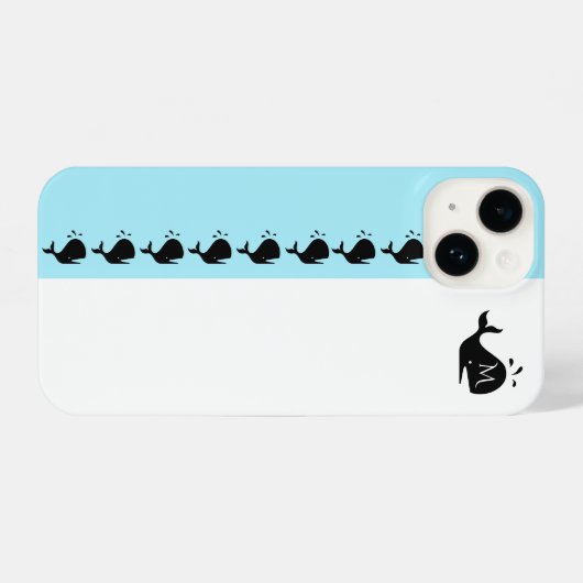 Cute White and Blue Custom Initial Black Whale iPhone Hülle (Rückseite (Horizontal))