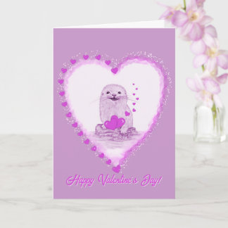 Cute White Baby Sea Otter , Happy Valentines Day Karte
