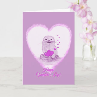 Cute White Baby Sea Otter , Happy Valentines Day Karte