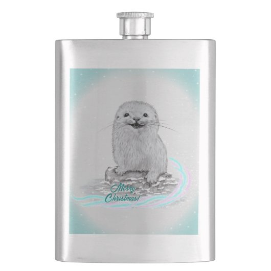 Cute White Baby Sea Otter , Merry Christmas Flachmann (Vorderseite)