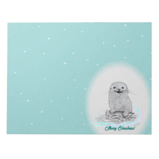 Cute White Baby Sea Otter , Merry Christmas Notizblock