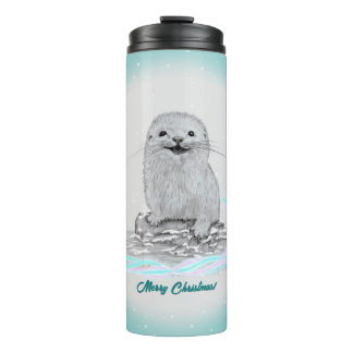 Cute White Baby Sea Otter , Merry Christmas Thermosbecher