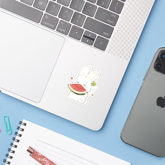 Cute White Bunny Eating Watermelon Sticker (Laptop mit iPhone)