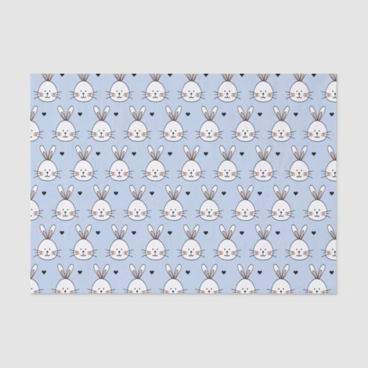 Cute White Bunny Faces and Hearts Pattern Blue Seidenpapier (Vorderseite)