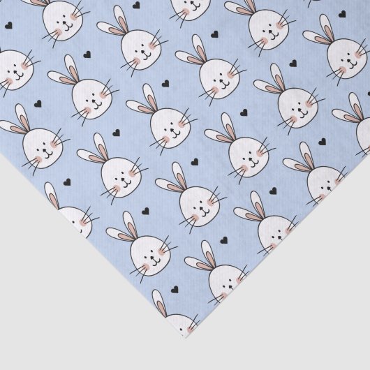 Cute White Bunny Faces and Hearts Pattern Blue Seidenpapier (Ausschnitt)