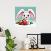 Cute White Bunny Holding Strawberries Poster (Heimbüro)