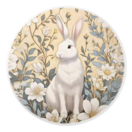 Cute White Bunny Pastel Yellow Floral Keramikknauf (Vorderseite)