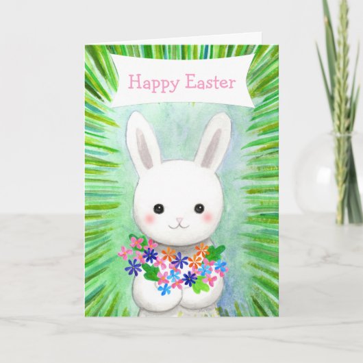 Cute White Bunny Rabbit Custom Text Happy Easter Karte (Vorderseite)