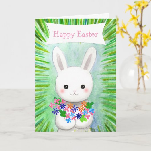 Cute White Bunny Rabbit Custom Text Happy Easter Karte (Gelbe Blume)
