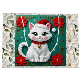Cute White Cat and Poinsettia Christmas Große Geschenktüte
