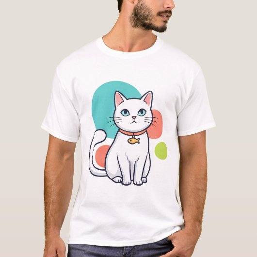 Cute White Cat Fish Collar T-Shirt (Vorderseite)
