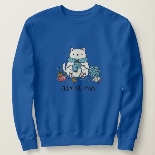Cute White Cat Knitting Blue Yarn Cozy Design Sweatshirt (Design vorne)