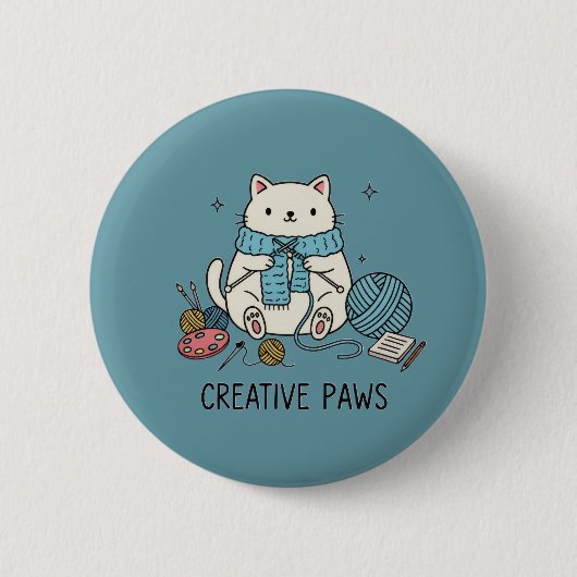 Cute White Cat Knitting Blue Yarn Hobbyist Design Button (Vorderseite)