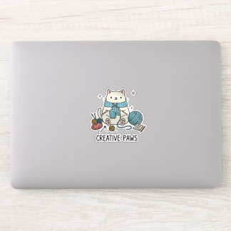 Cute White Cat Knitting Scarf Blue Yarn Graphic  Aufkleber