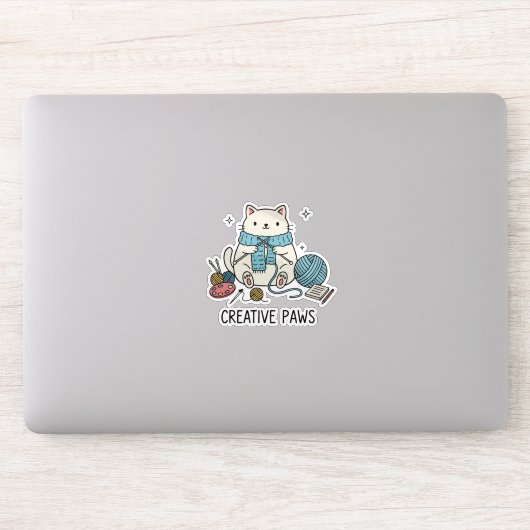 Cute White Cat Knitting Scarf Blue Yarn Graphic Aufkleber (Computer)