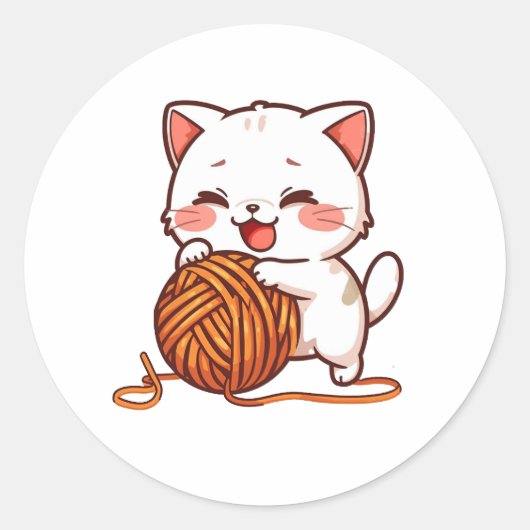 Cute White Cat Playing with Woolen Ball sticker (Vorderseite)