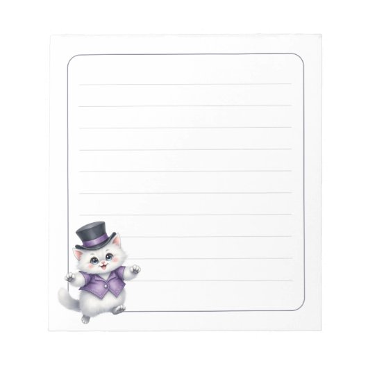 Cute White Cat Top Hat Whimsical Lined Notizblock (Vorderseite)
