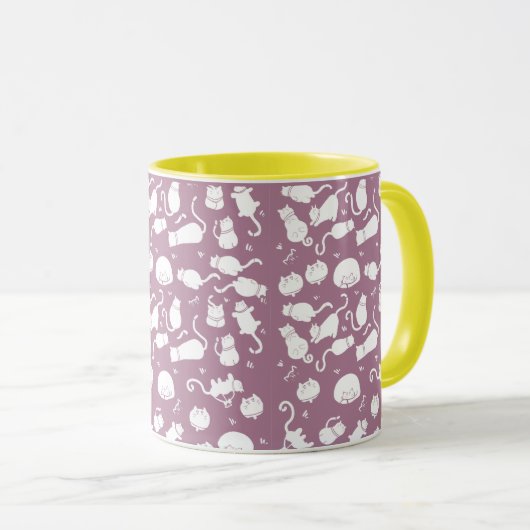 Cute White Cats Pattern on Mauve Background Tasse (VorderseiteRechts)