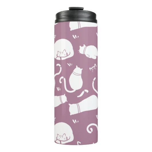 Cute White Cats Pattern on Mauve Background Thermosbecher (Vorderseite)