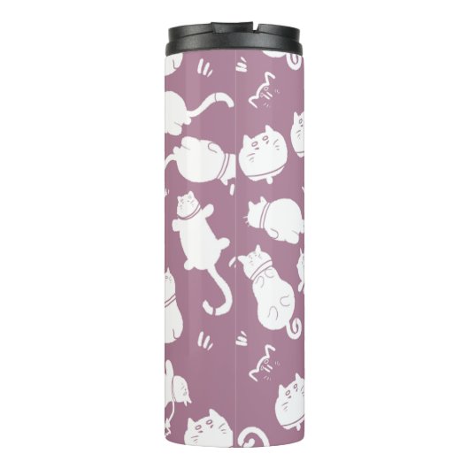 Cute White Cats Pattern on Mauve Background Thermosbecher (Rückseite)