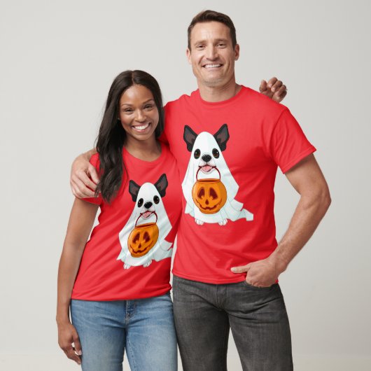 Cute White Halloween Ghost Dog With Pumpkin Pail T-Shirt (Unisex)
