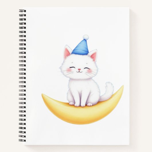 Cute White Kitten on Moon Spiral Notebook Notizblock (Vorderseite)
