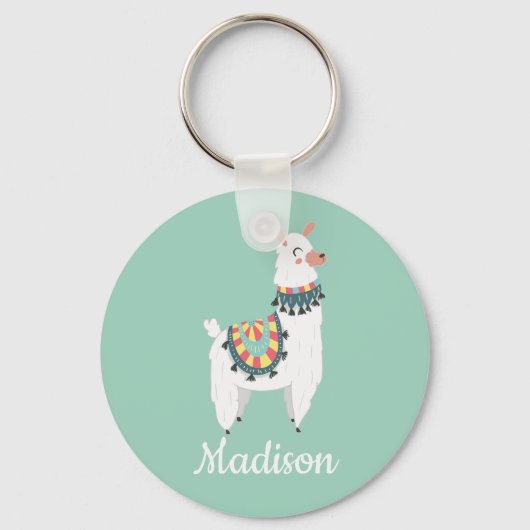 Cute White Llama Mint Green Monogram Name Schlüsselanhänger (Vorderseite)