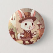 Cute White Rabbit Wonderland Whimsical Timekeeper Button (Vorderseite)