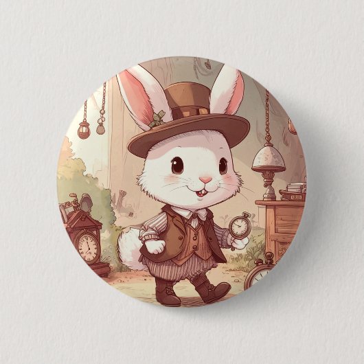 Cute White Rabbit Wonderland Whimsical Timekeeper Button (Vorderseite)