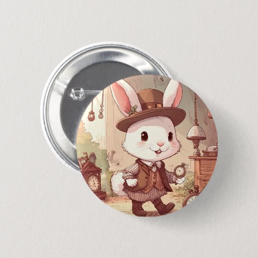 Cute White Rabbit Wonderland Whimsical Timekeeper Button (Vorne & Hinten)