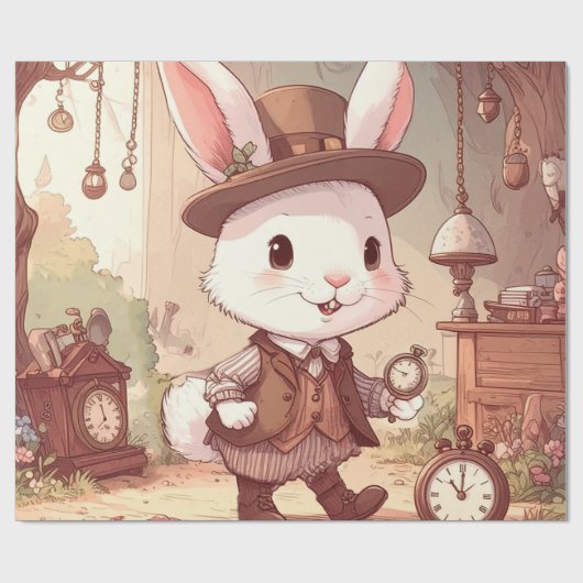 Cute White Rabbit Wonderland Whimsical Timekeeper Geschenkpapier (Flach)
