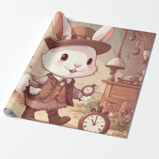 Cute White Rabbit Wonderland Whimsical Timekeeper Geschenkpapier (Ungerollt)