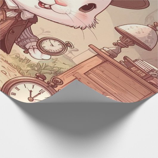 Cute White Rabbit Wonderland Whimsical Timekeeper Geschenkpapier (Ecke)