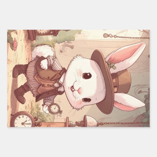 Cute White Rabbit Wonderland Whimsical Timekeeper Geschenkpapier Set (Vorderseite)