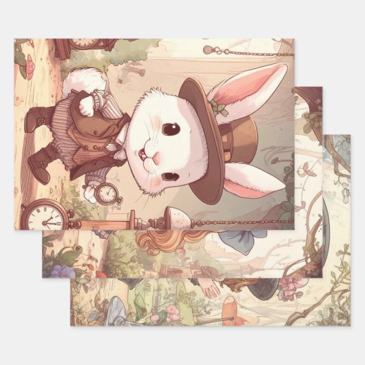 Cute White Rabbit Wonderland Whimsical Timekeeper Geschenkpapier Set (Set)