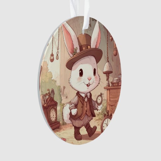 Cute White Rabbit Wonderland Whimsical Timekeeper Ornament (Vorderseite)