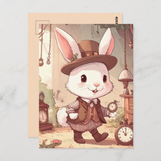 Cute White Rabbit Wonderland Whimsical Timekeeper Postkarte (Vorne/Hinten)